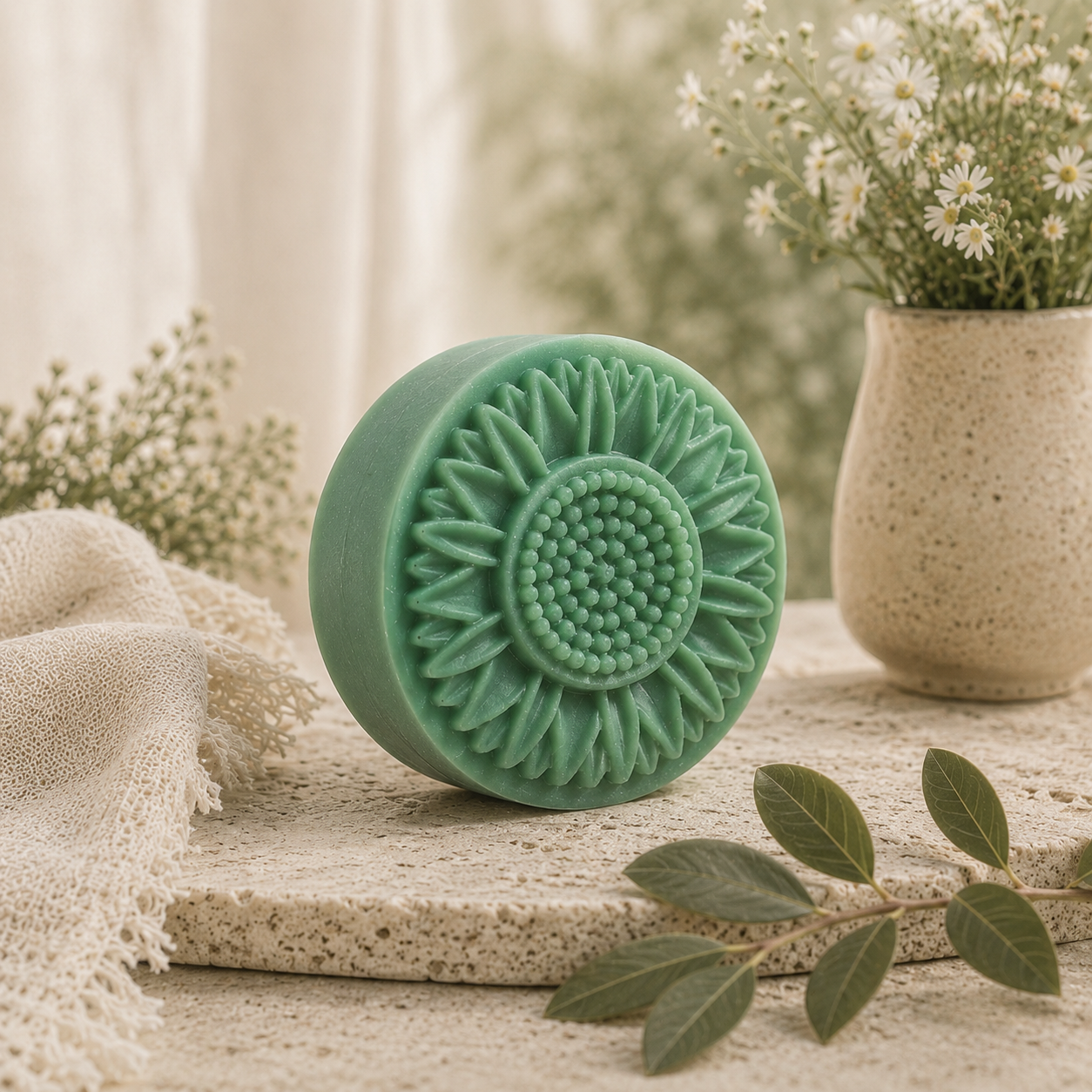 Green sunflower-shaped soap shown at an angled side view on a warm cream stone surface, styled with soft linen, muted olive leaves, and small white flowers.