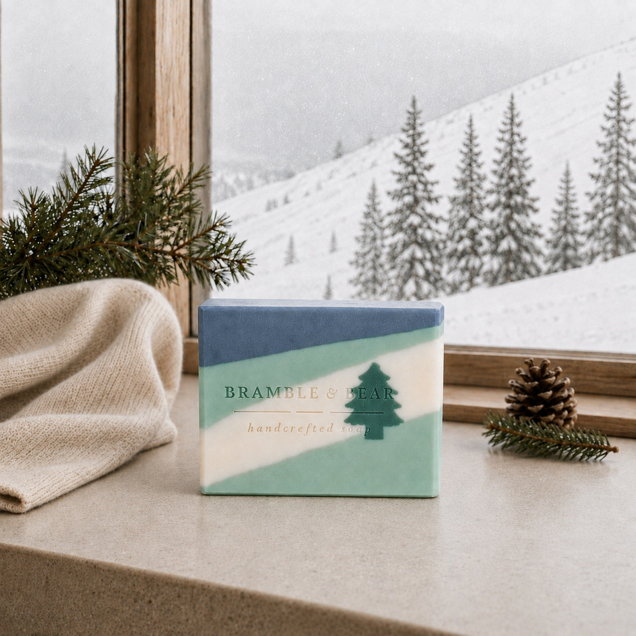 Silent Evergreen Night soap bar beside an ivory towel, evergreen sprig, and pinecone on a stone counter overlooking snow-covered trees at an Aspen hotel.