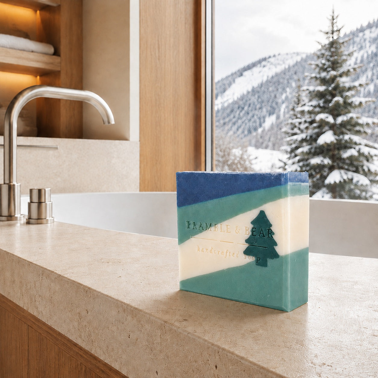 Bramble & Bear Silent Evergreen Night soap bar on a limestone counter in a luxury Aspen hotel bathroom overlooking snowy mountains.