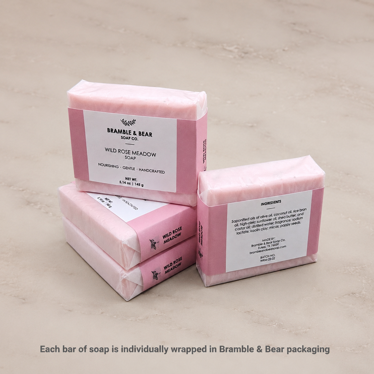 Bramble & Bear handcrafted soap bars shown individually wrapped in branded packaging.